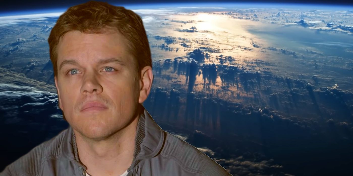 Collage of Mark Watney (Matt Damon) in front of the Earth from The Martian.