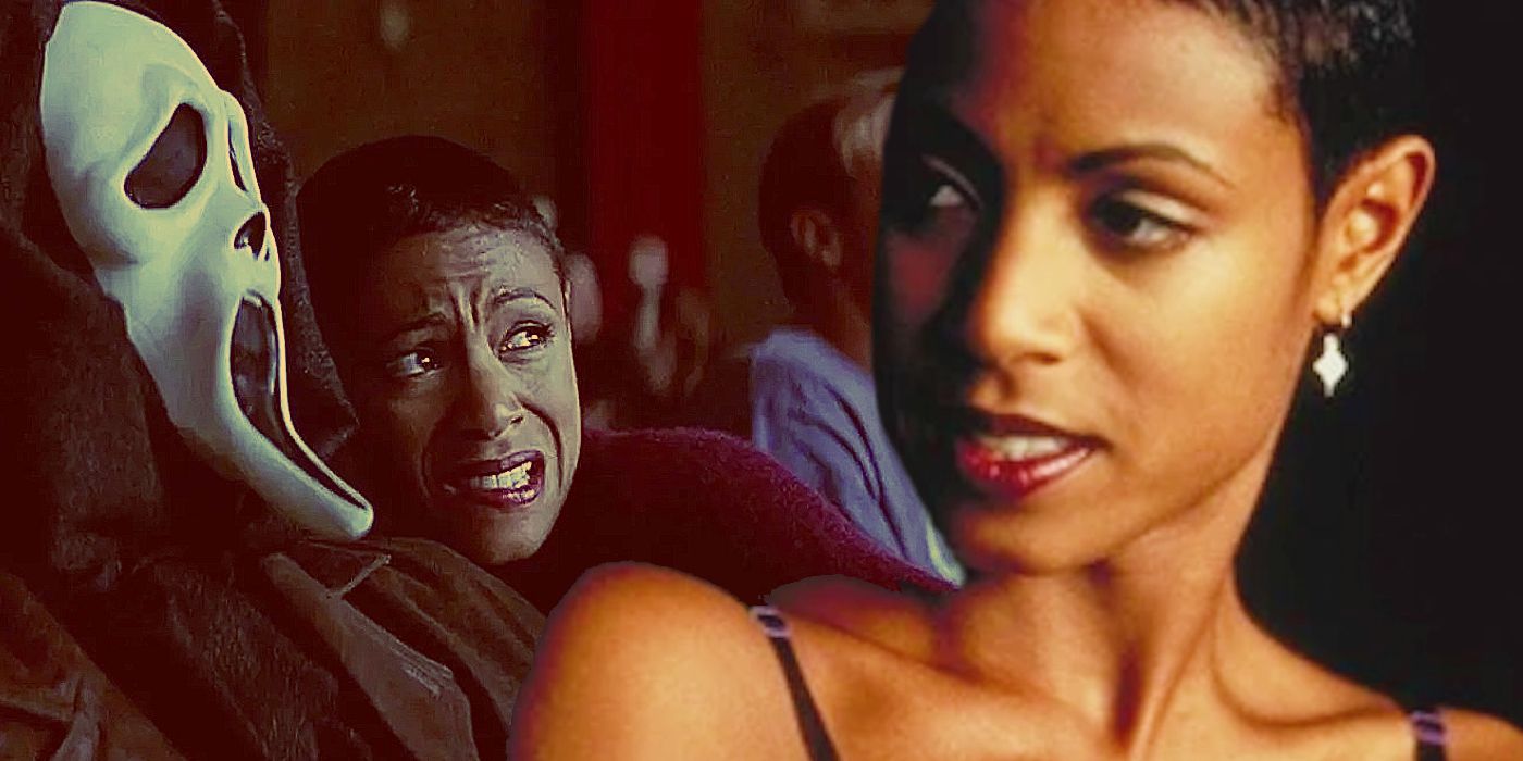 Collage of Maureen (Jada Pinkett Smith) with Ghostface and alone in Scream 2.