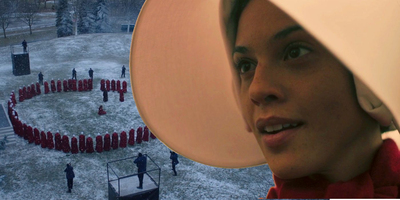 Collage of Ofglen 2 (Tattiawna Jones) and the stoning ring in The Handmaid's Tale.