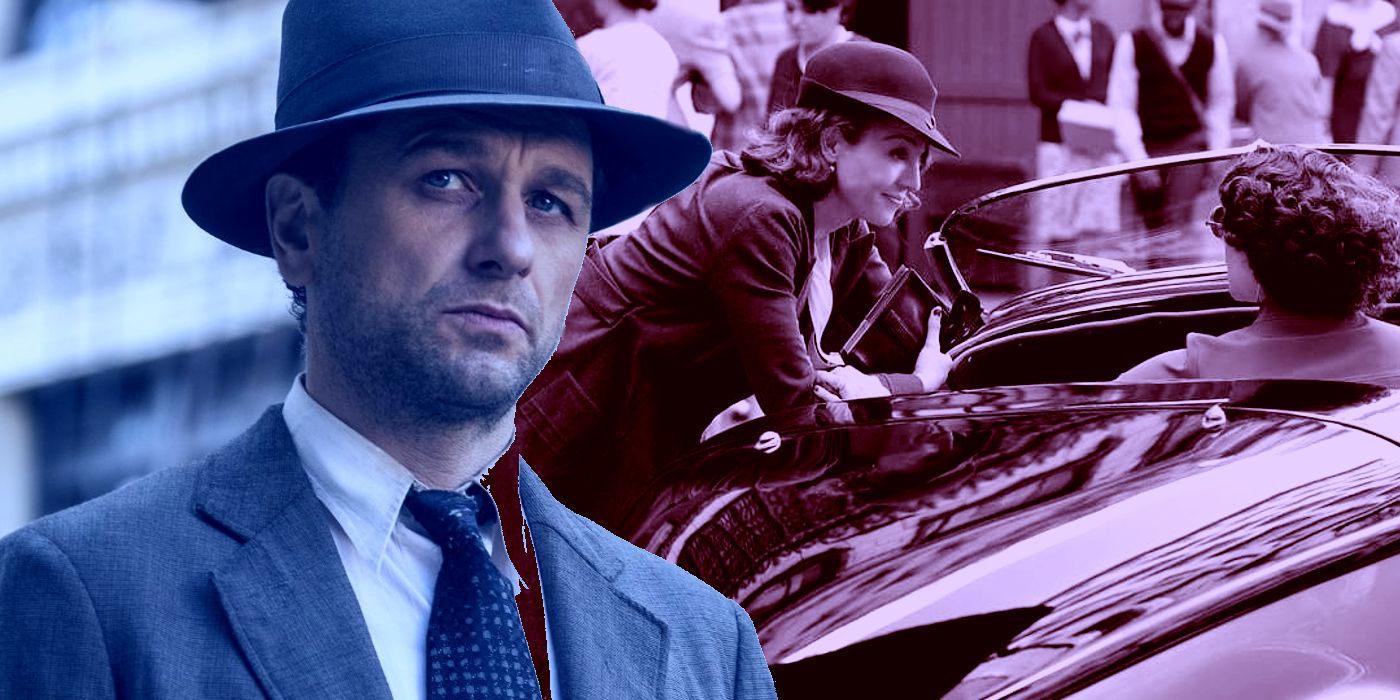 Collage of Perry (Matthew Rhys) and Della (Juliet Rylance) in Perry Mason.