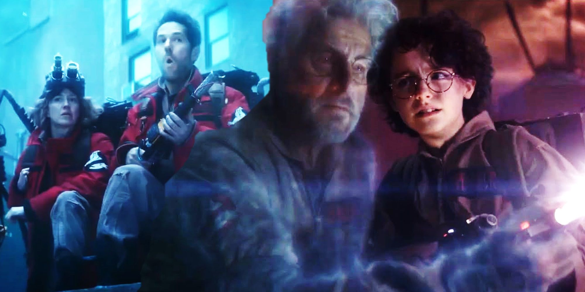 Collage of the Ghostbusters in Ghostbusters Frozen Empire and Egon's ghost helping Phoebe in Ghostbusters Afterlife