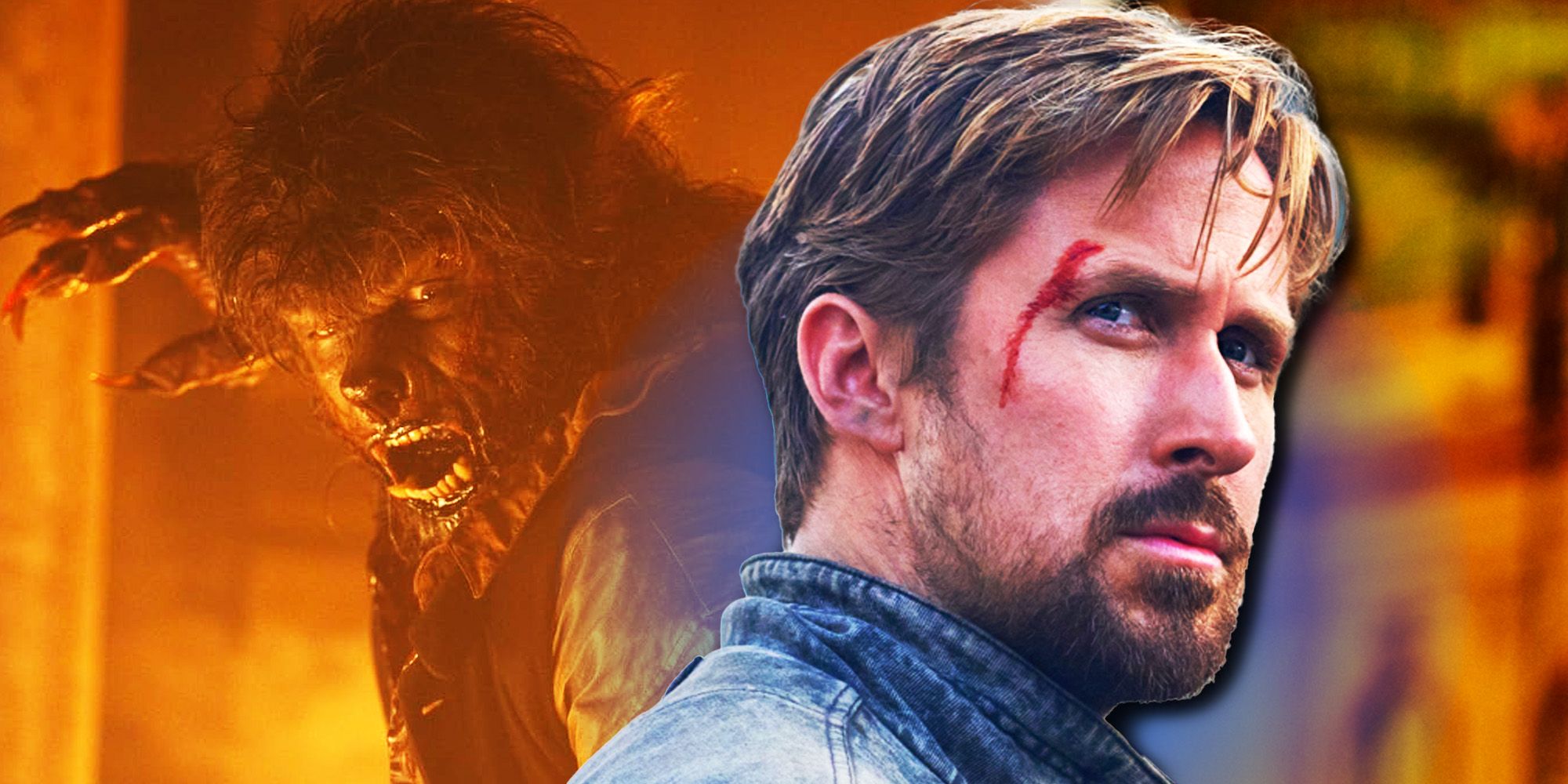 Collage of The Wolfman from the 2010 Universal movie and Ryan Gosling in a denim jacket with a cut on his face