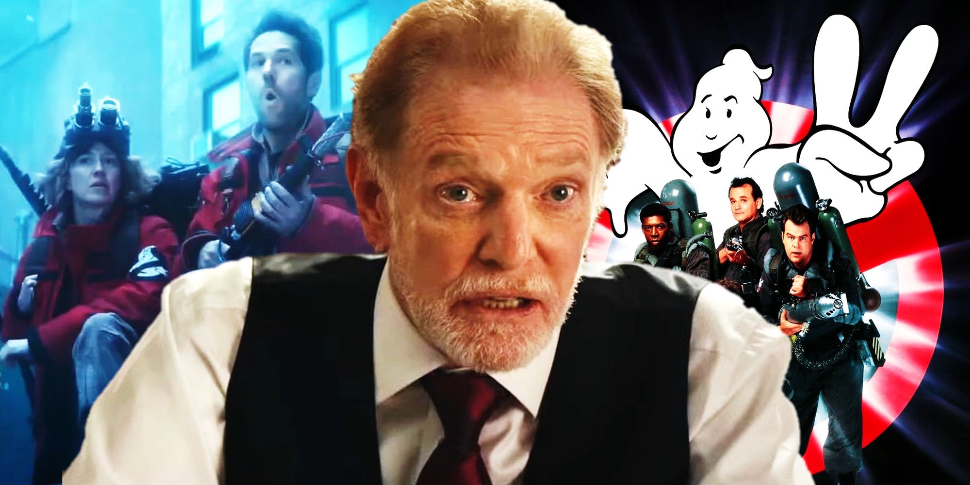 Collage of Walter Peck in Ghostbusters Frozen Empire and the poster for Ghostbusters 2