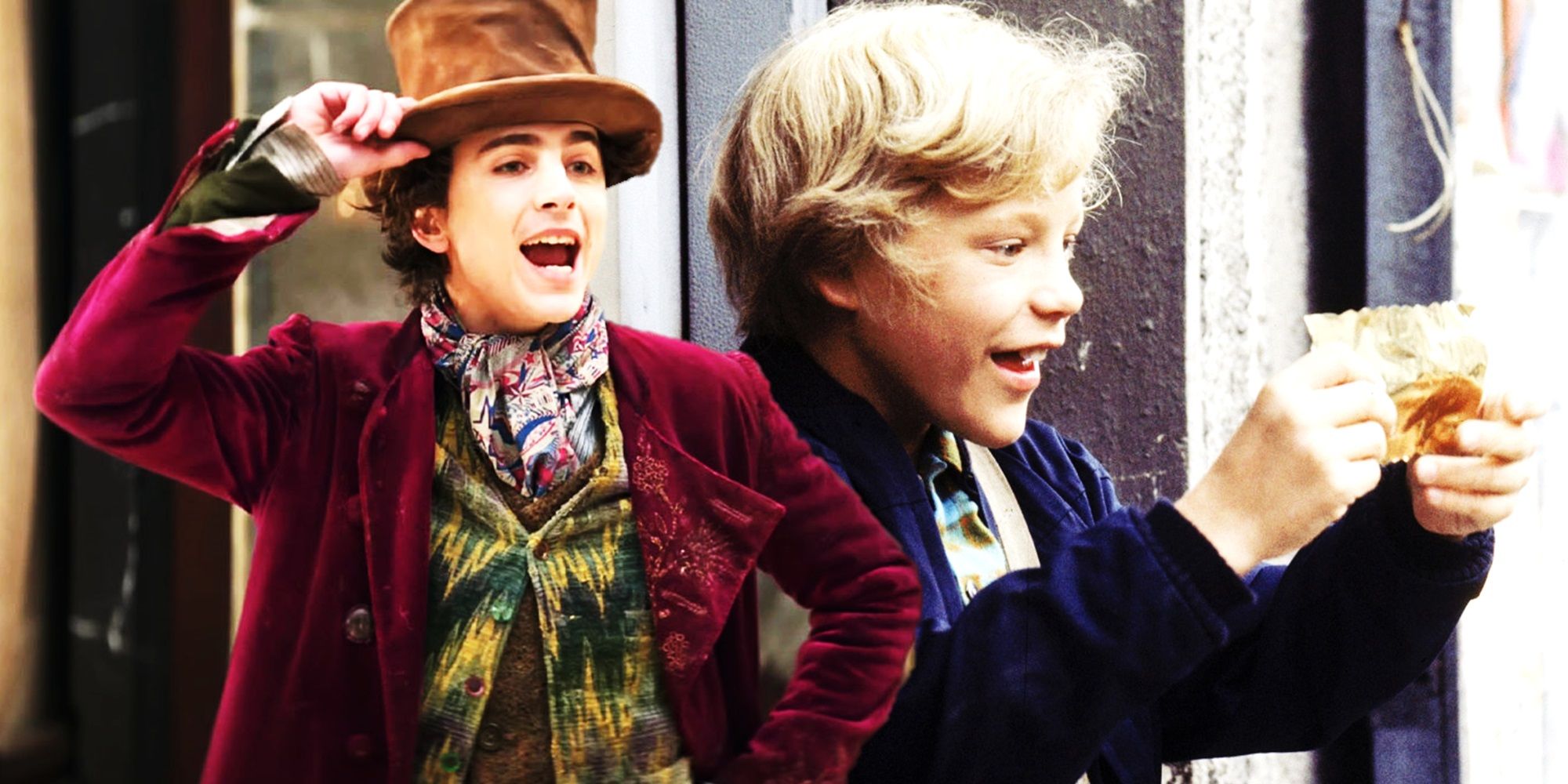 Collage of Willy Wonka in Wonka and Charlie in Willy Wonka and the Chocolate Factory