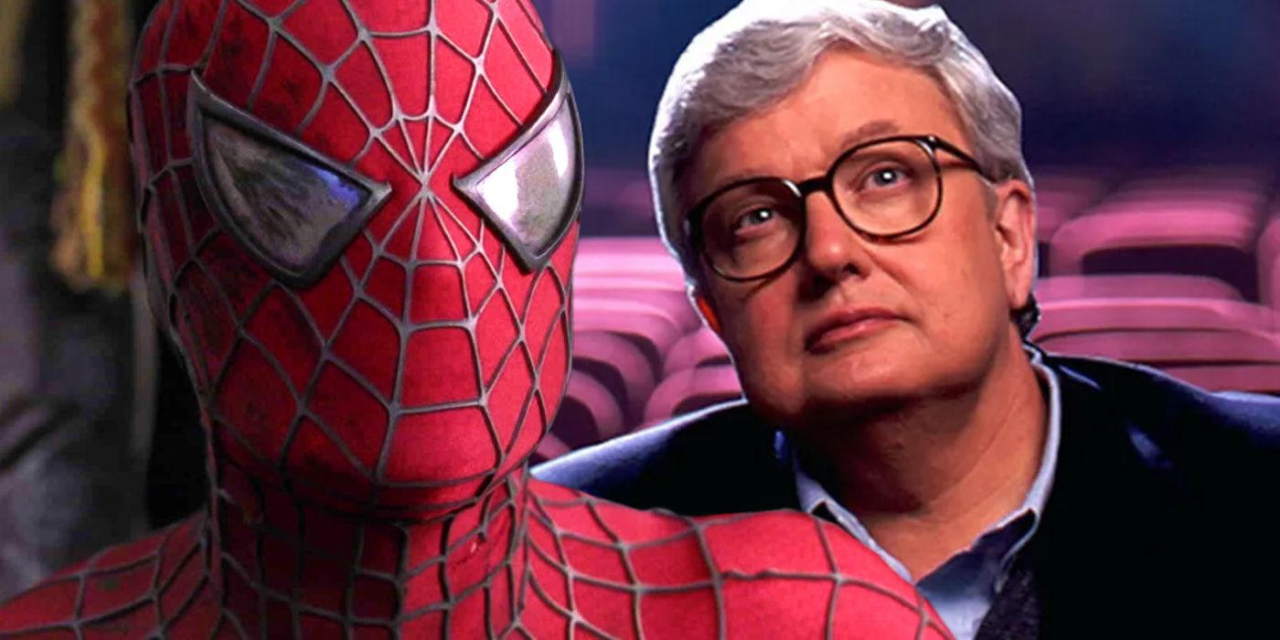 Split image of Tobey Maguire as Spider-Man in Spider-Man 2 and Roger Ebert