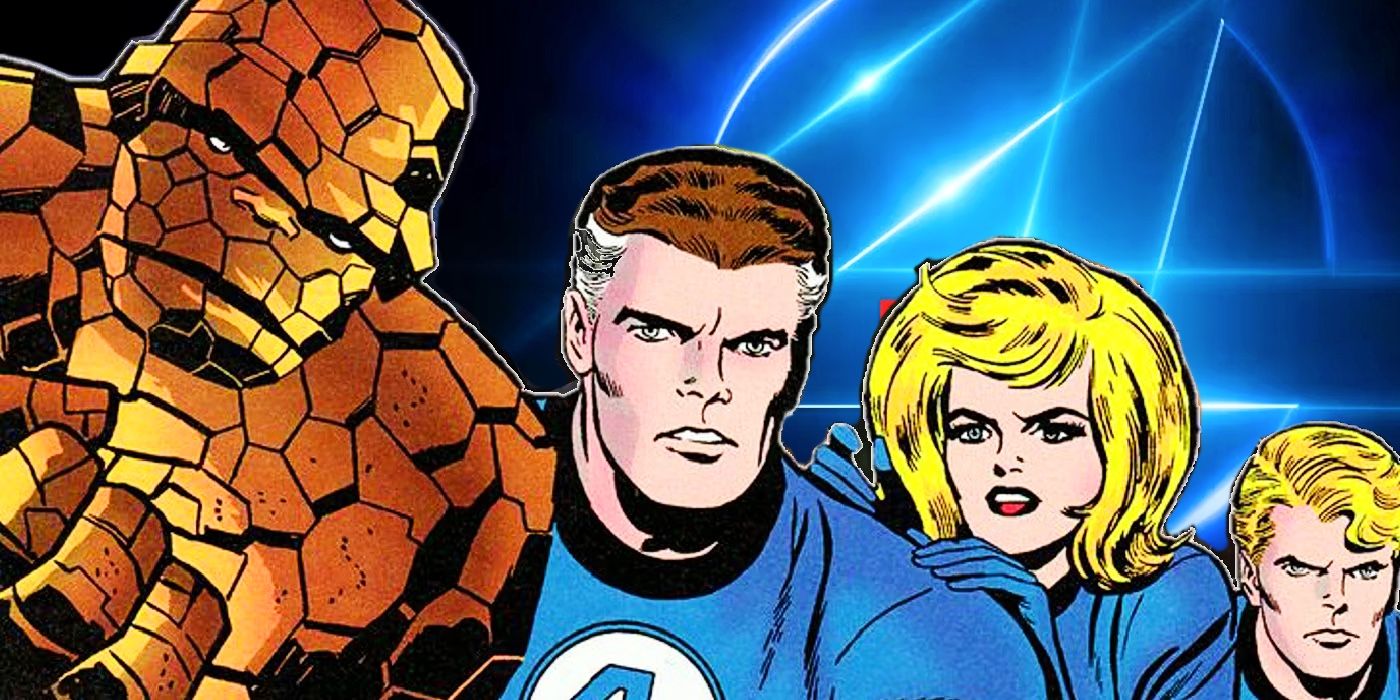 Comic Fantastic Four with their MCU movie logo behind them