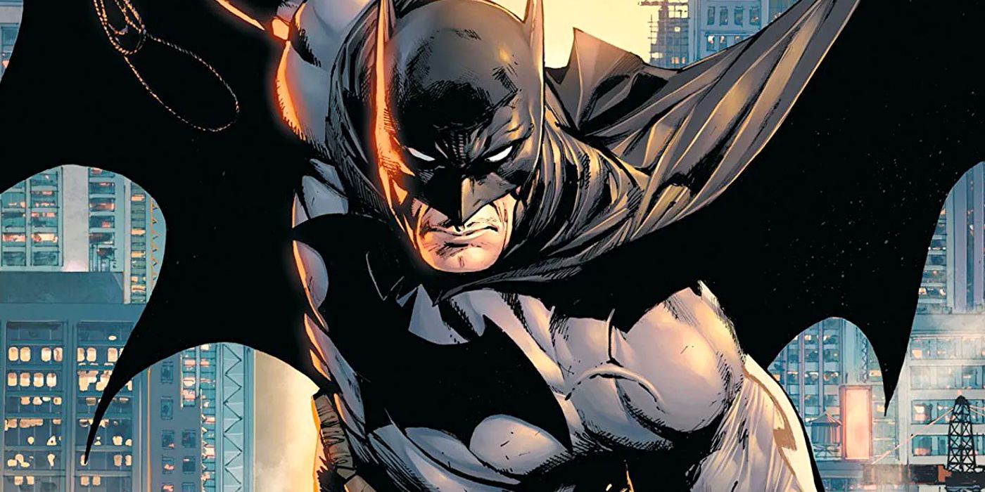 Comic panel of Batman gliding through Gotham