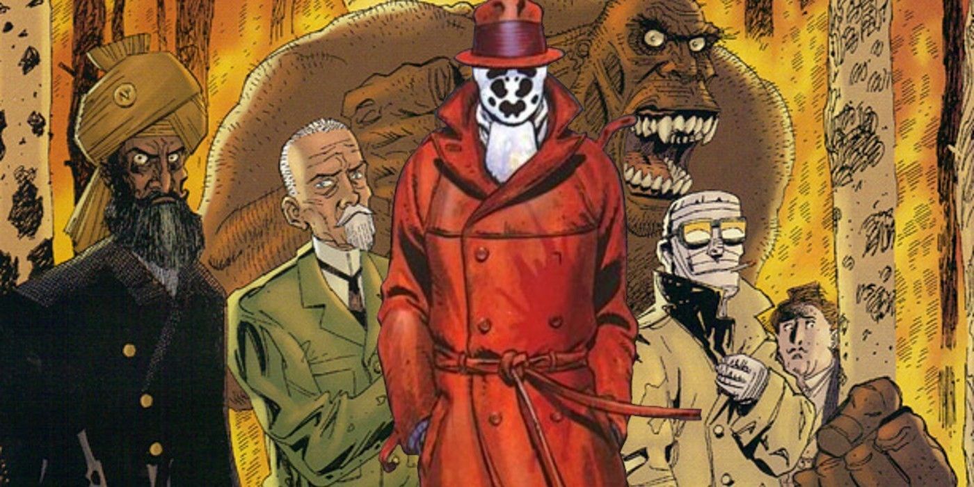 Rorschach stands in front of the League of Extraordinary Gentlemen