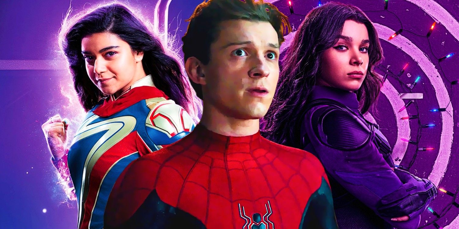 Composite Of Ms Marvel And Kate Bishop Striking Hero Poses And Spider-Man Looking Concerned In The MCU