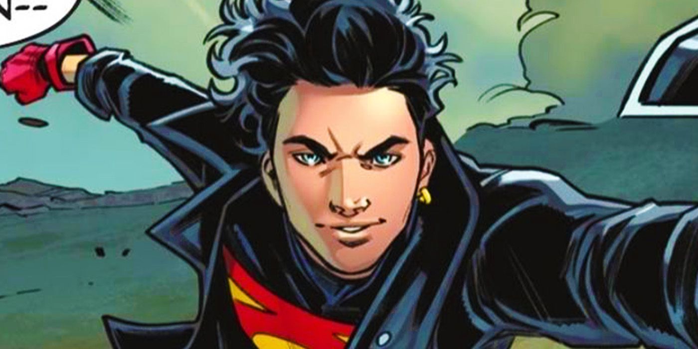 Close do Superboy, vestindo uma jaqueta de couro sobre seu traje de Superman.