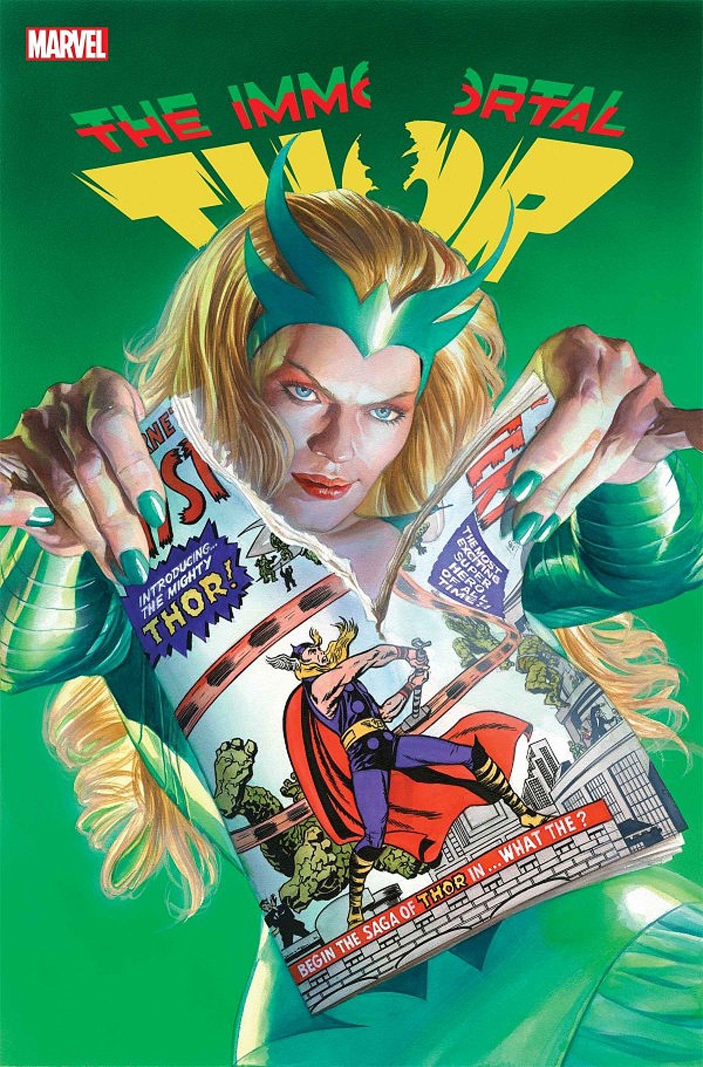 Cover for Immortal Thor #9, villain Enchantress tears a Thor comic in half