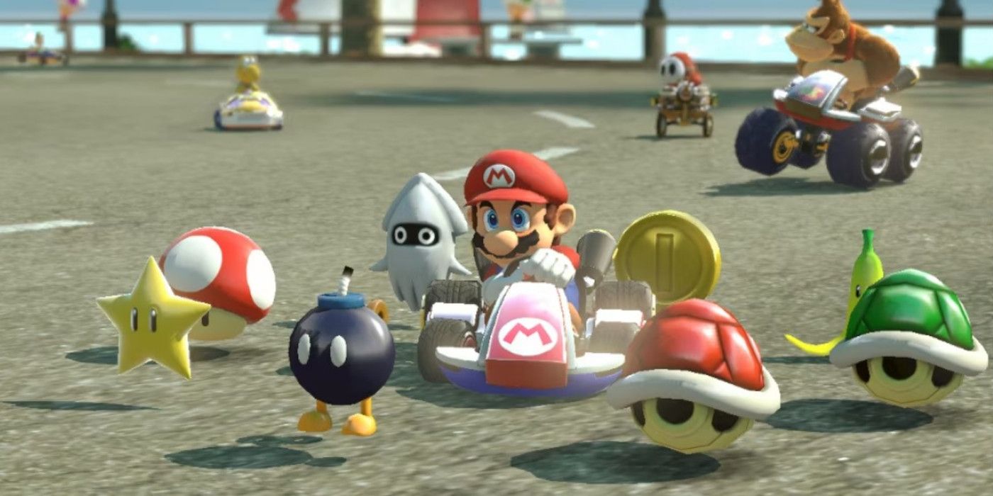 Crazy 8 item rotating around Mario. 