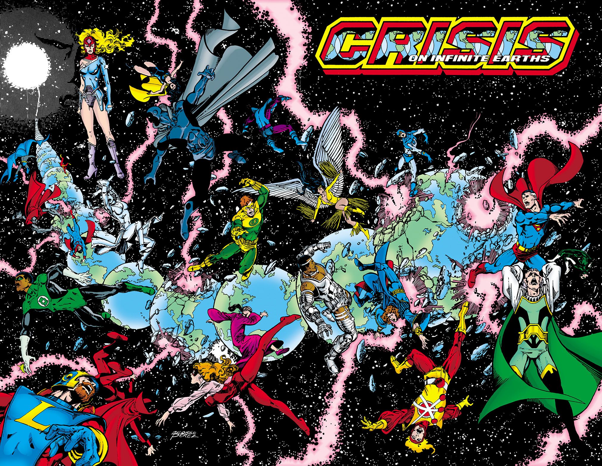 Crisis on Infinite Earths 1 cover, featuring a variety of DC heroes.