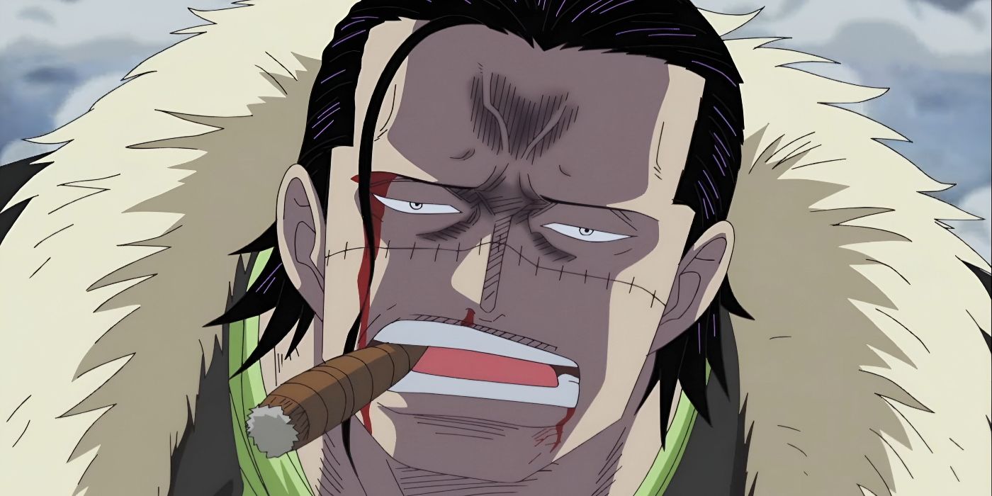 Crocodile stands with a cigar in his mouth during the Summit War from One Piece.