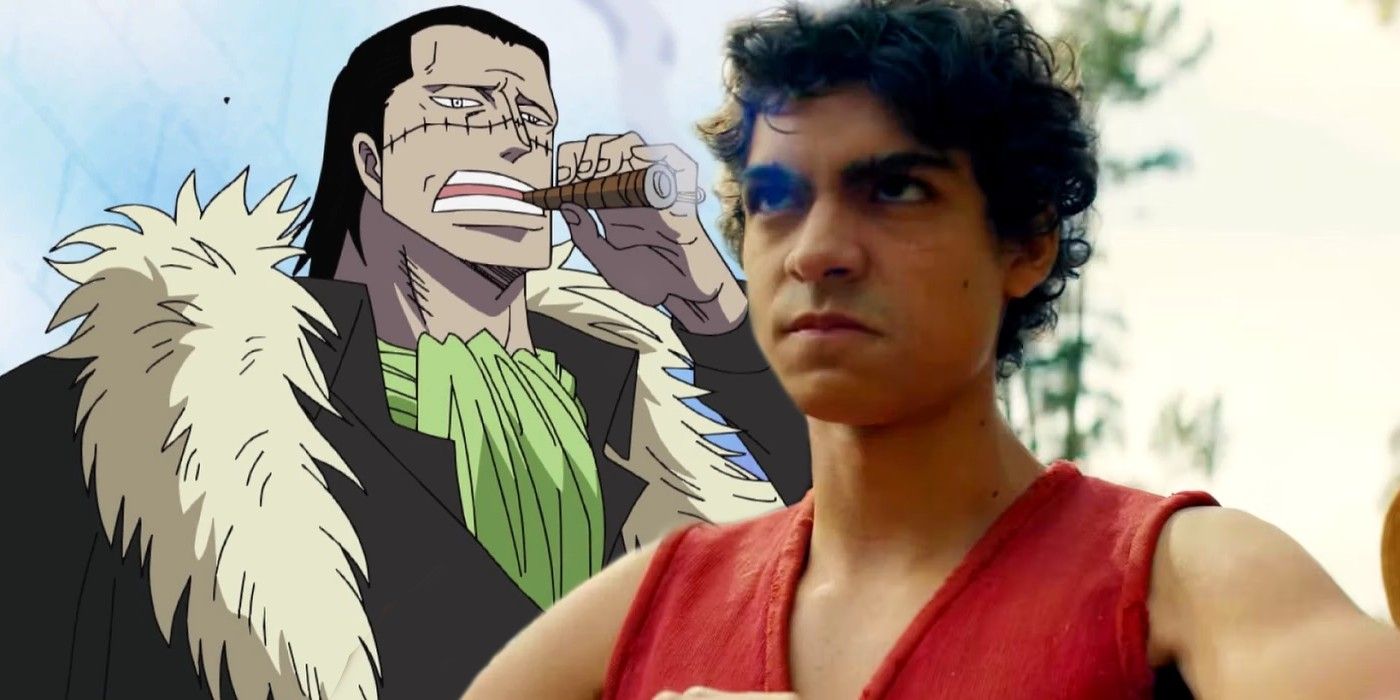 Crocodile smoking a cigar and Inaki Godoy as Luffy in live-action One Piece