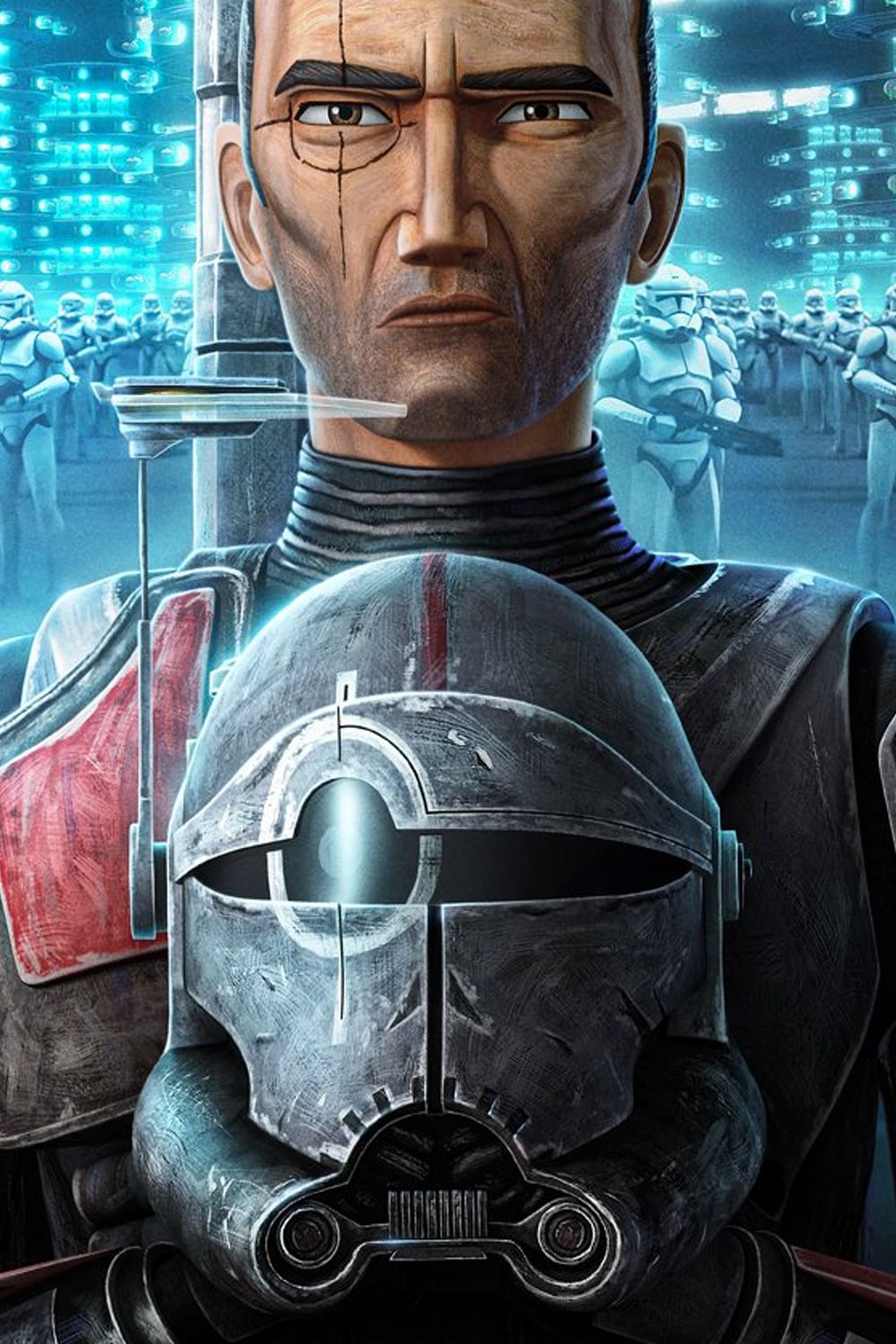 Crosshair segurando seu capacete na frente de um exército de clones em Star Wars the Bad Batch Poster
