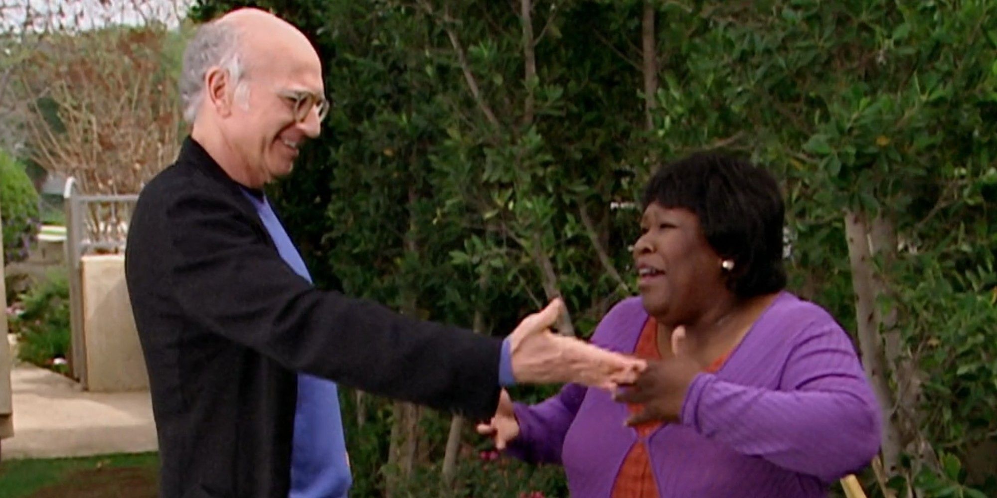 Larry and Auntie Rae about to hug in Curb Your Enthusiasm season 6