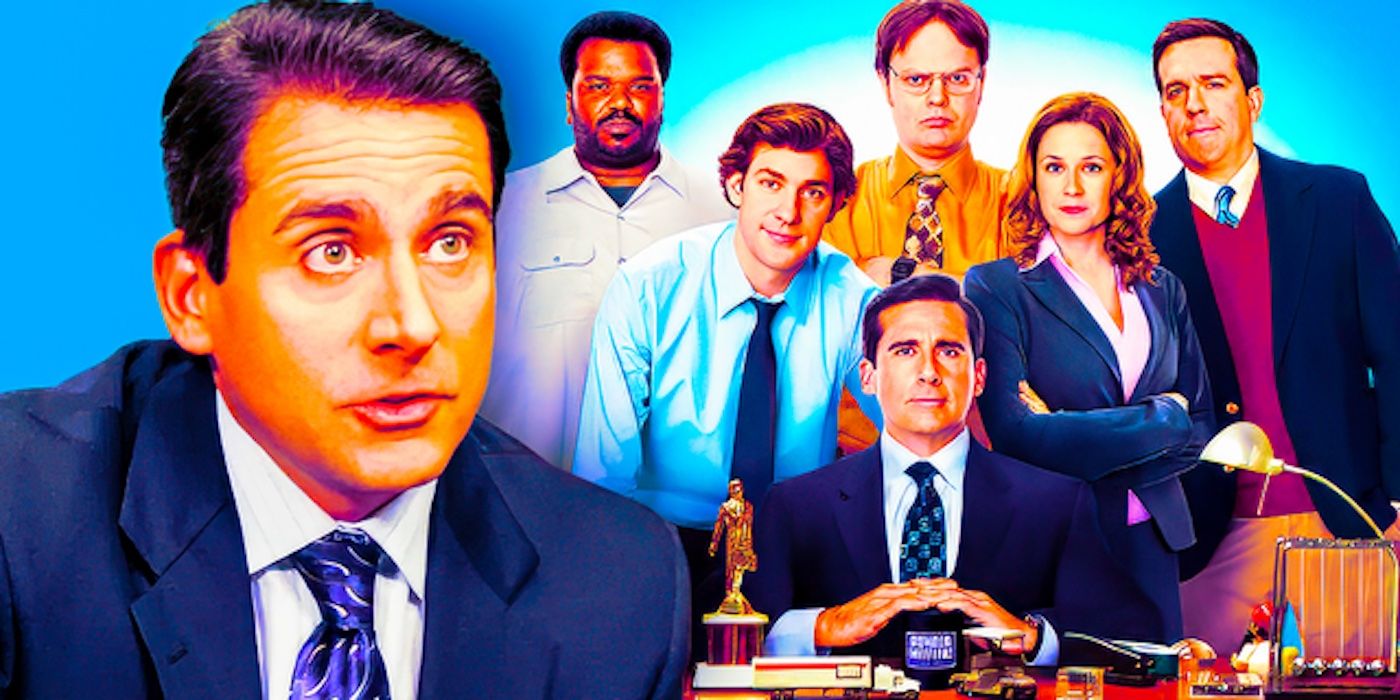 Custom image featuring Steve Carrell's Michael Scott in closeup and the main cast of The Office US