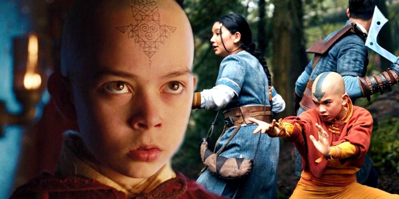 Custom image of Aang in the Shyamalan movie and Aang, Katara, and Sokka in Netflix's Avatar The Last Airbender