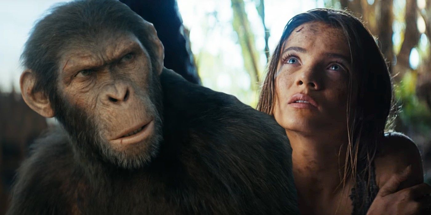 Custom image of an ape and Freya Allan in Kingdom of the Planet of the Apes