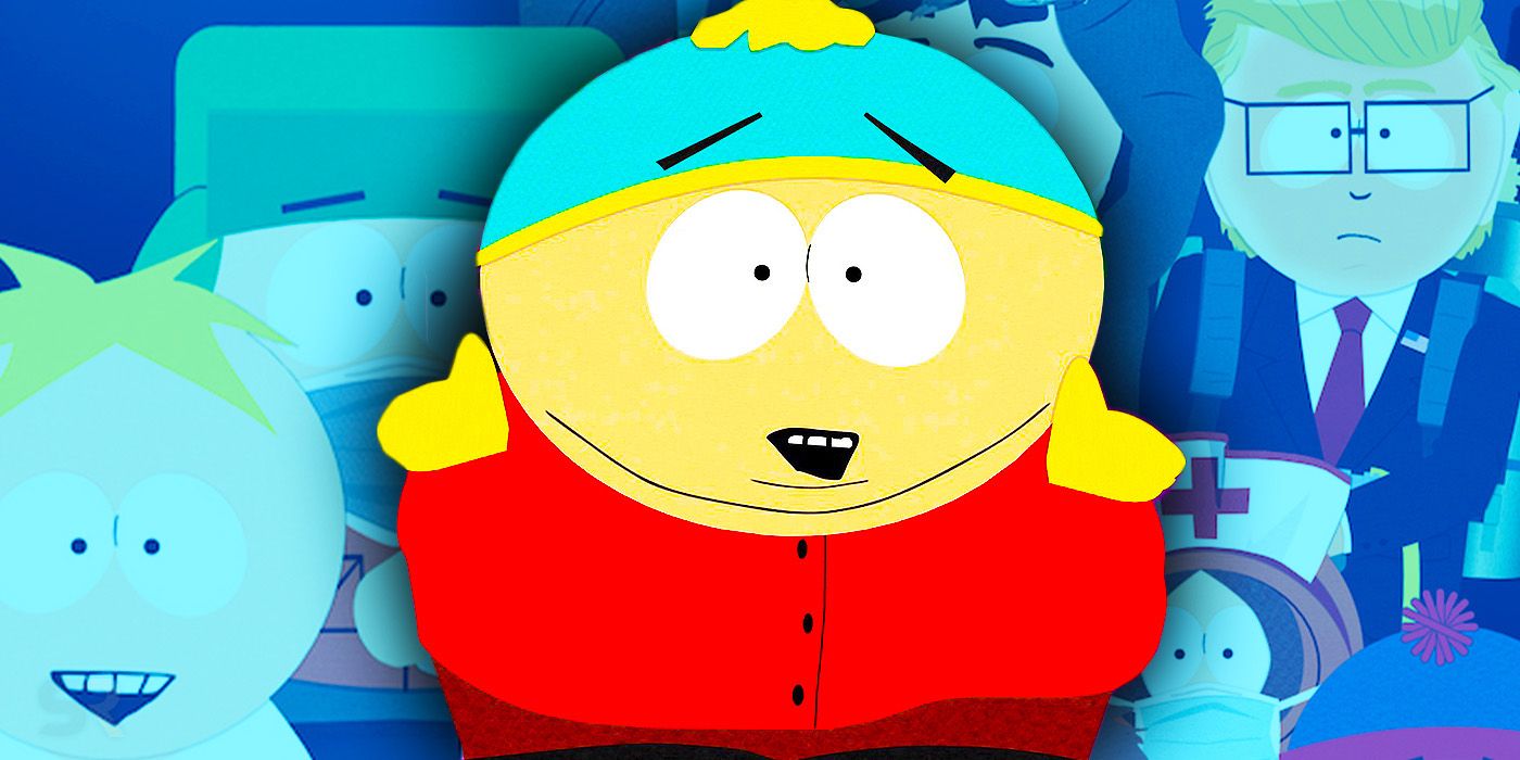 Custom image of Cartman in front of various South Park supporting characters
