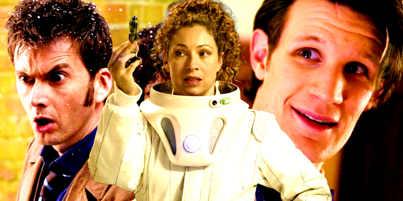 Custom image of River Song holding a screwdriver, shocked Tenth Doctor, and smiling Elevent Doctor in Doctor Who