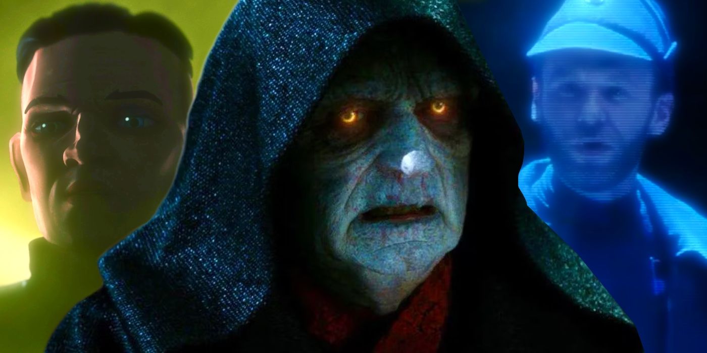 Palpatine in the center with Hemlock on the left and Brendol Hux on the right.