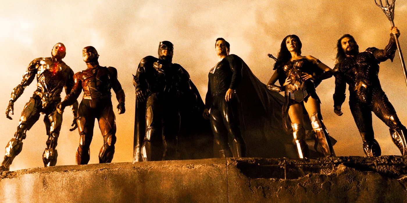 Cyborg, the Flash, Batman, Superman, Wonder Woman and Aquaman after their battle in Justice League