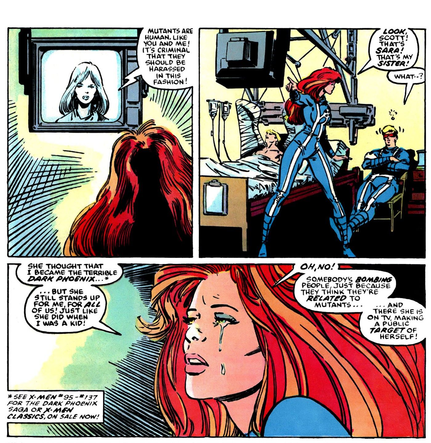 Cyclops and Jean Grey watch Sara Grey speak on the news in support of mutants like the X-Men