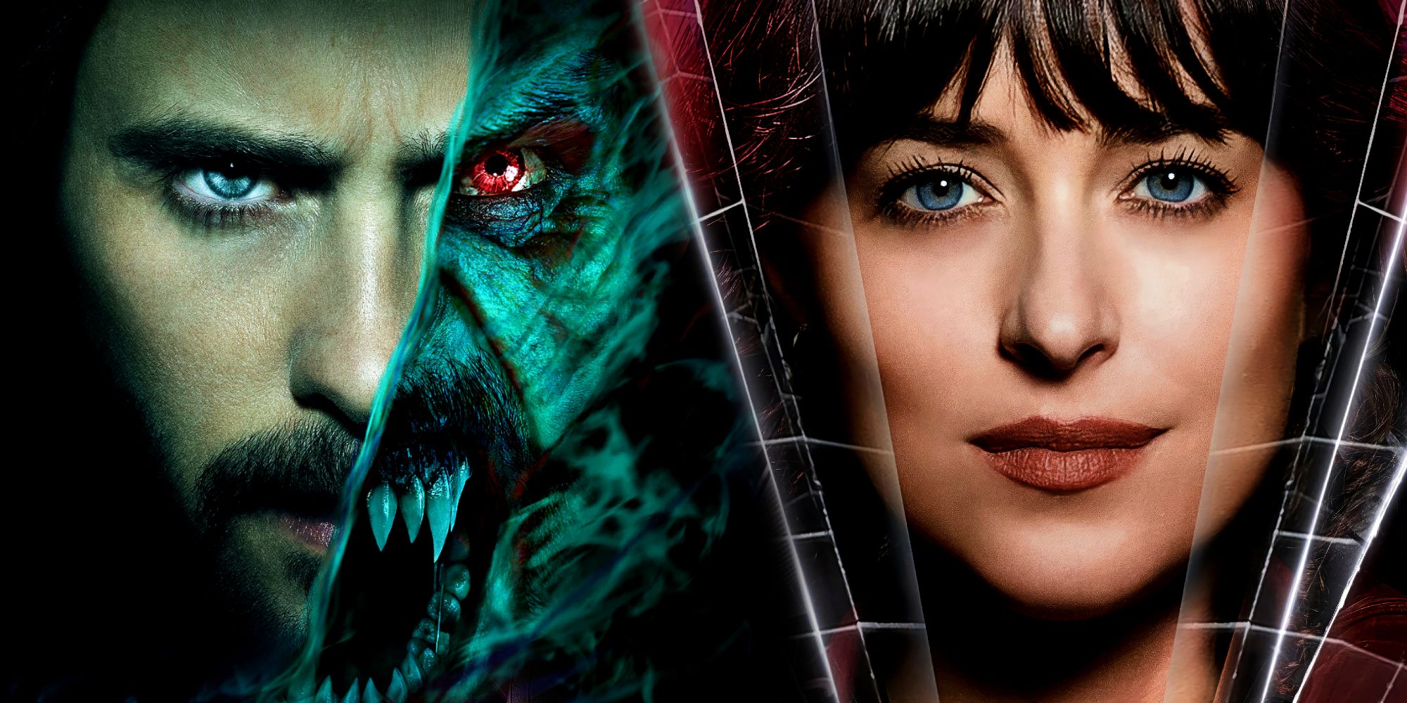 Dakora Johnson como Madame Web e Jared Leto como Morbius em pôsteres de filmes da Sony Marvel