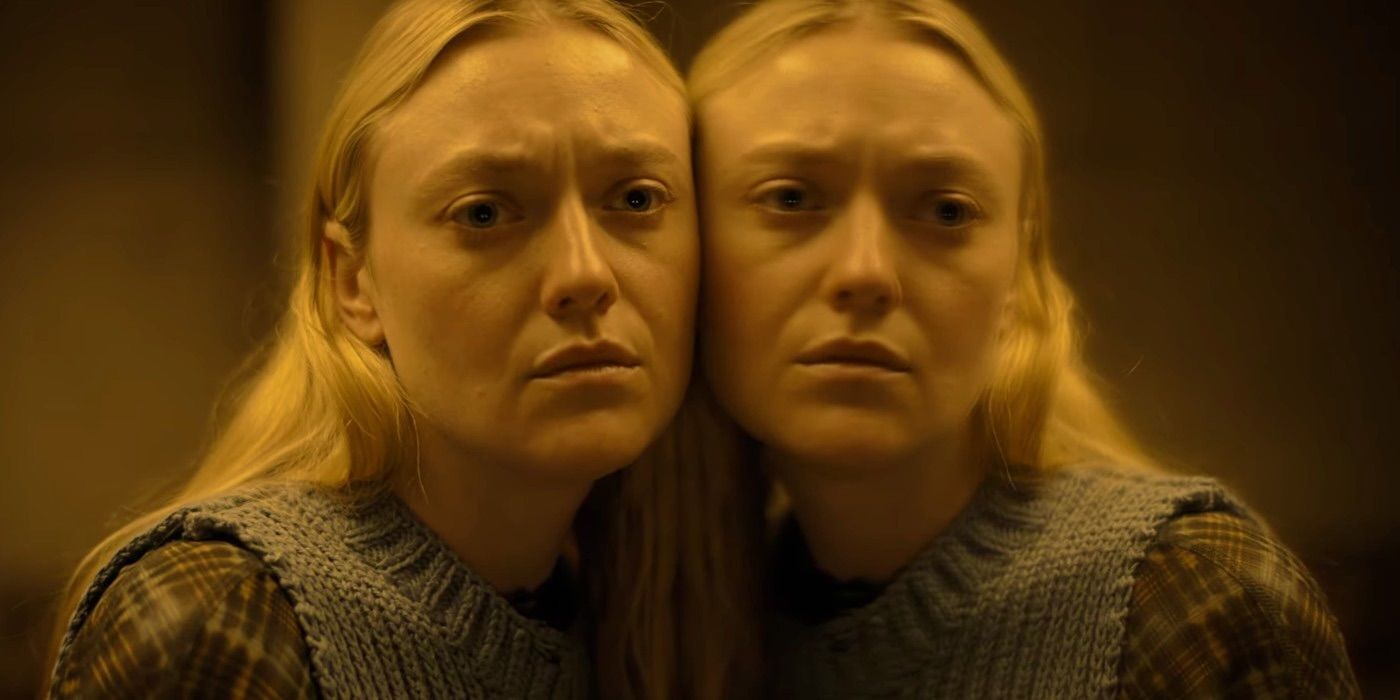 Dakota Fanning as Mina leaning against a mirror in The Watchers