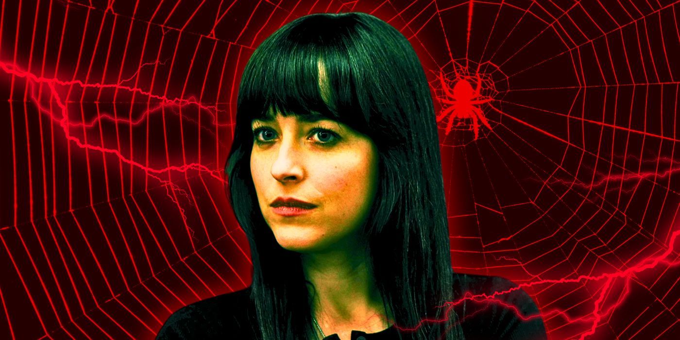 Dakota Johnson with a spider web logo behind her for Madame Web