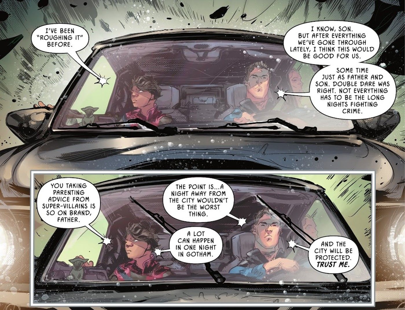 Painéis de quadrinhos: Damian e Bruce Wayne juntos em um carro.