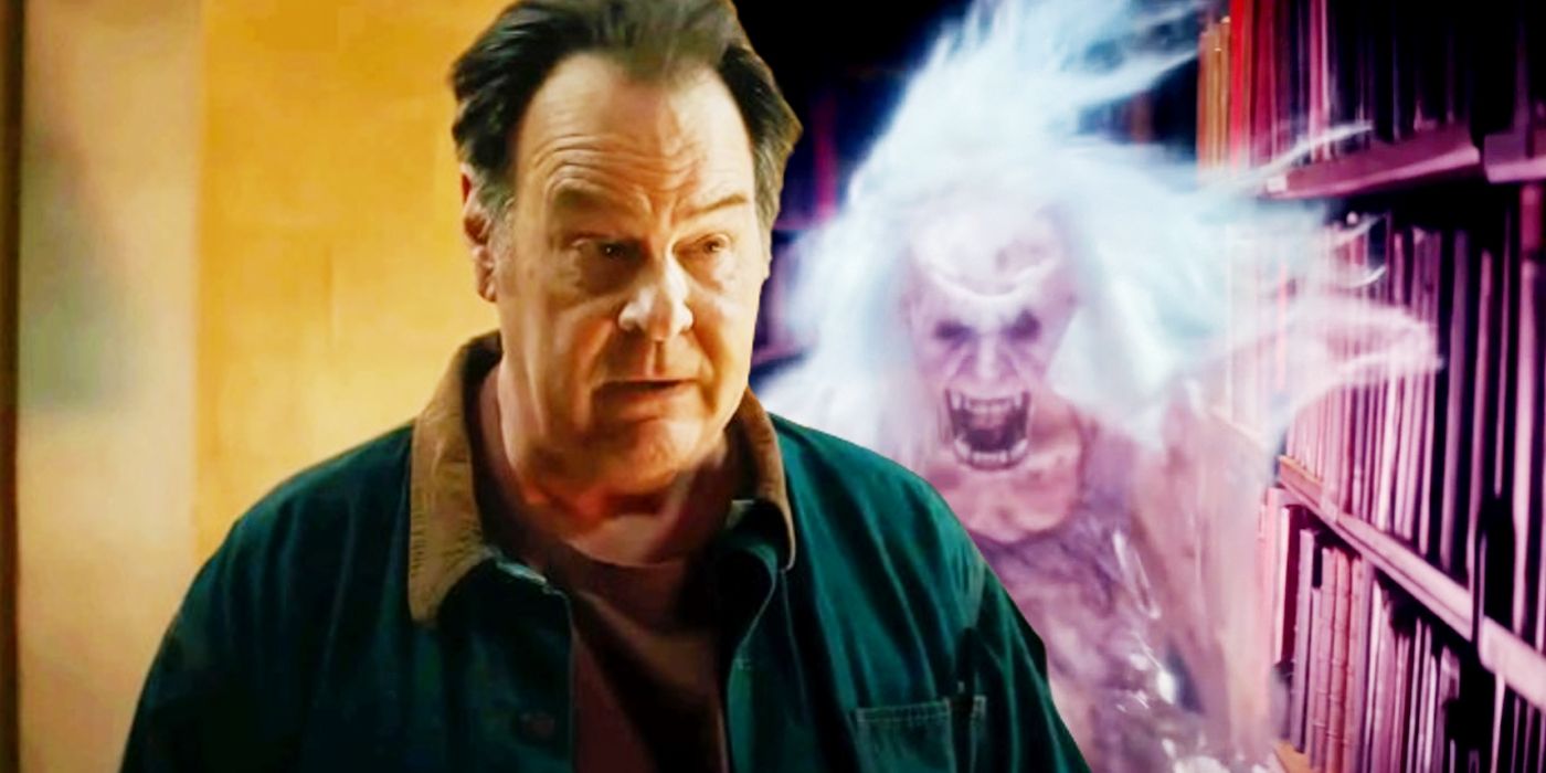 Dan Aykroyd as Ray Stantz juxtaposed with a screaming ghost in Ghostbusters Frozen Empire(1)