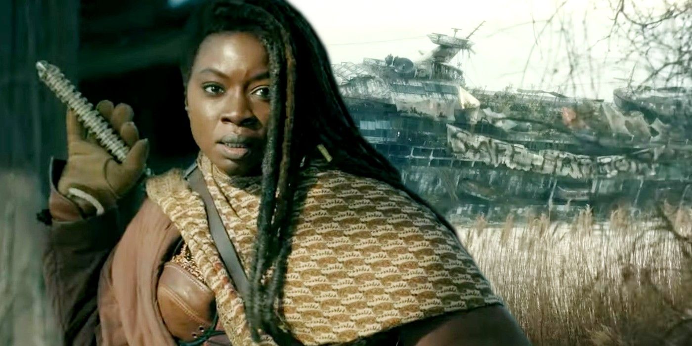 Danai Gurira as Michonne and the Bridgers Terminal ship in The Walking Dead: The Ones Who Live.