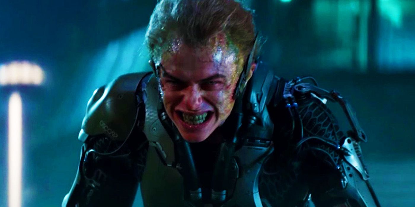 Dane DeHaan's Harry Osborn as the Green Goblin sneering in The Amazing Spider-Man 2