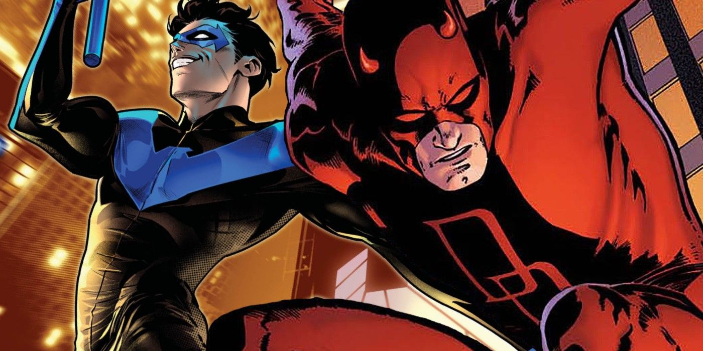Nightwing (left) and Daredevil (right) leaping into action against a city backdrop.