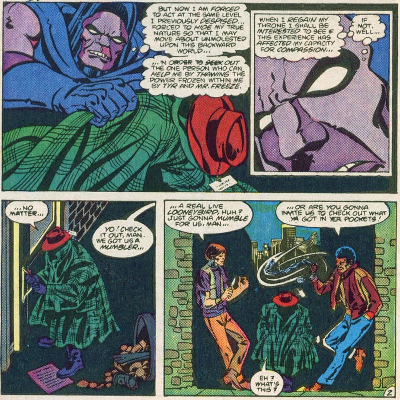 Comic book panels: Darkseid puts on a green coat as two thugs from Metropolis watch him.