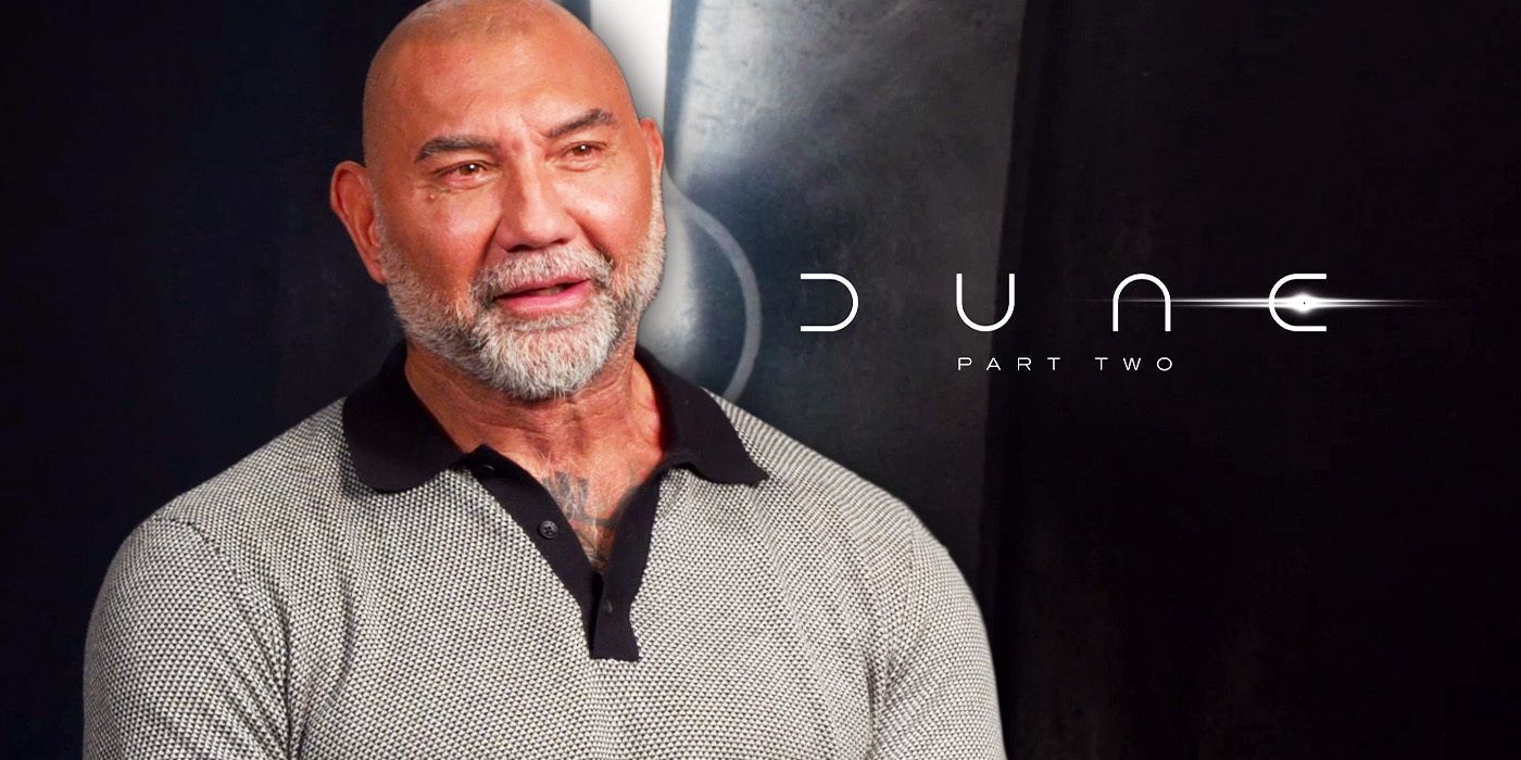 Edited image of Dave Bautista during Dune 2 interview