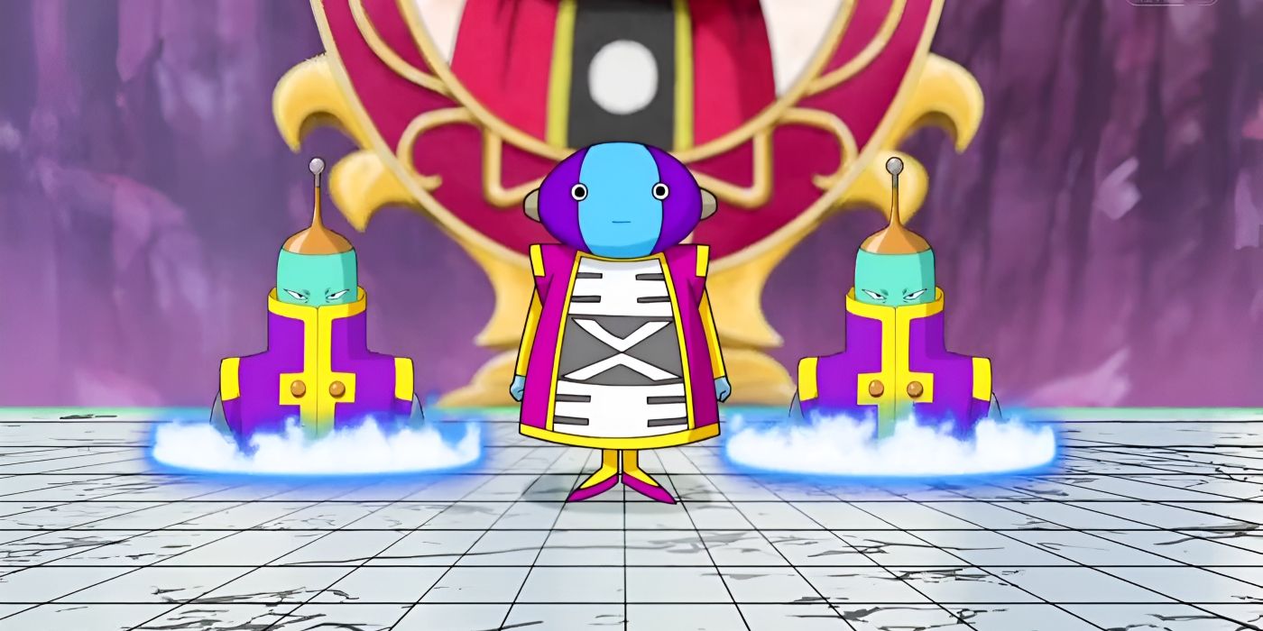 Zeno está ao lado de seus assistentes no Torneio de Poder de Dragon Ball Super.