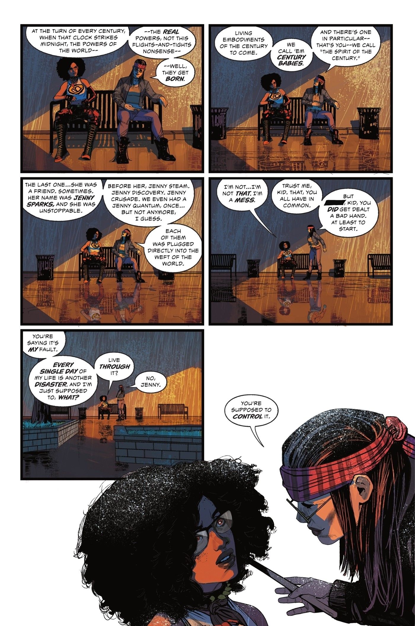 Six panels of the Drummer trying to explain to Jenny Crisis her true nature.