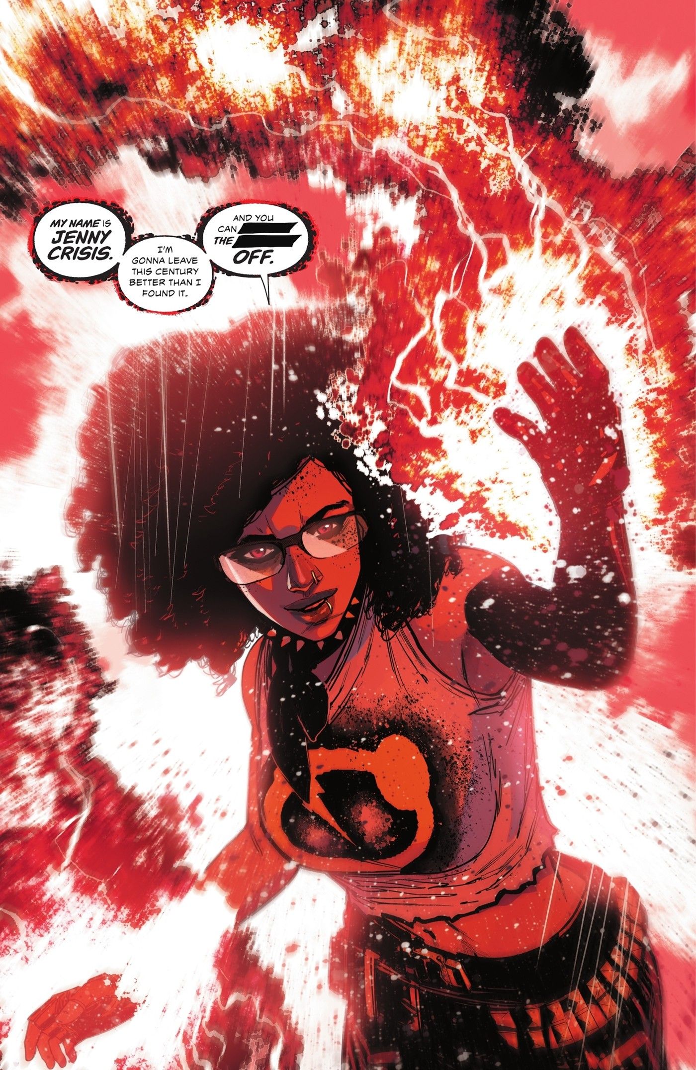 Full page of new, god level hero Jenny Crisis crackling with energy.