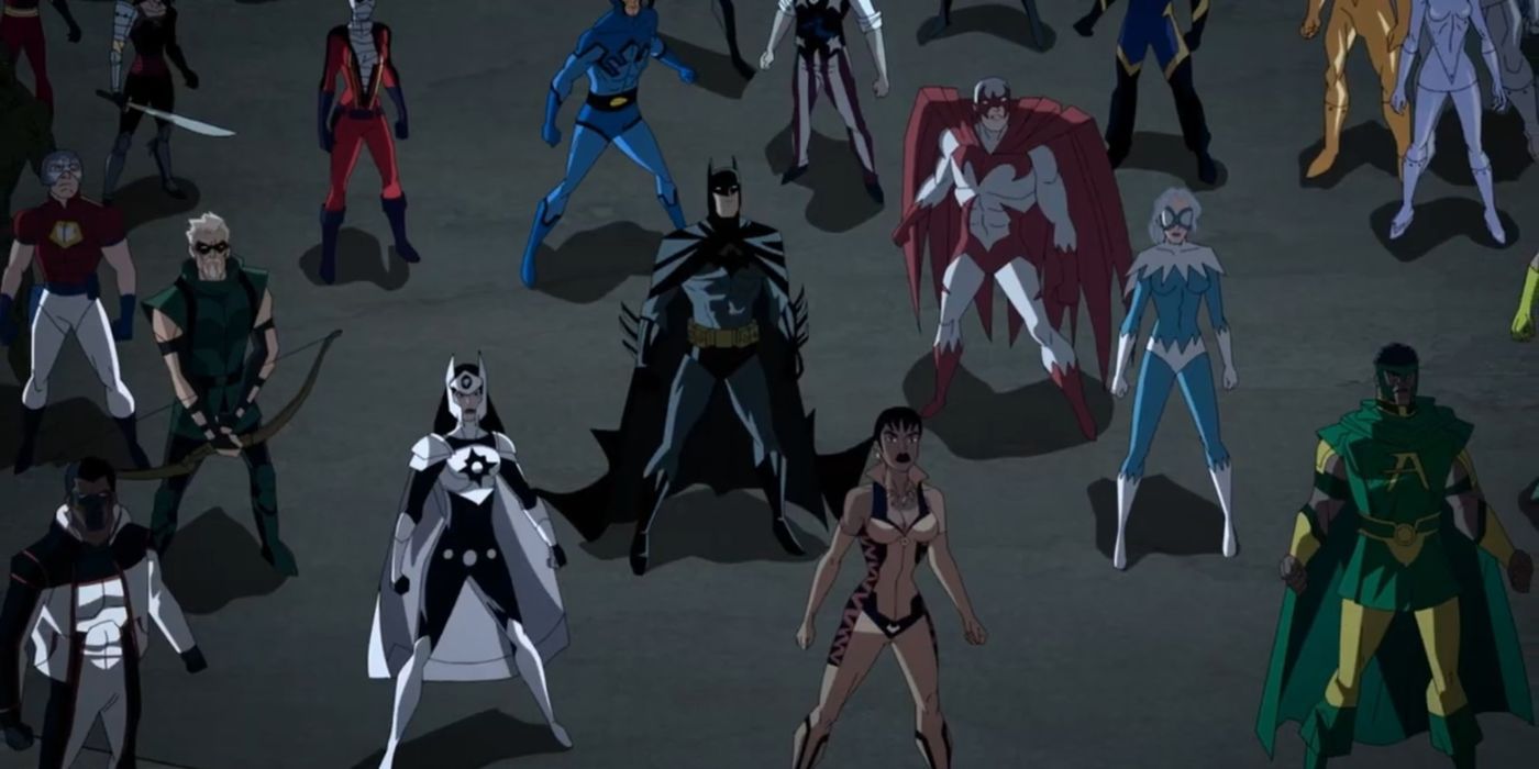 Several DC Comics heroes, including Batman, Hawk, Dove, Vixen and Green Arrow looking up in the sky in Justice League Crisis on Infinite Earths - Part Two 
