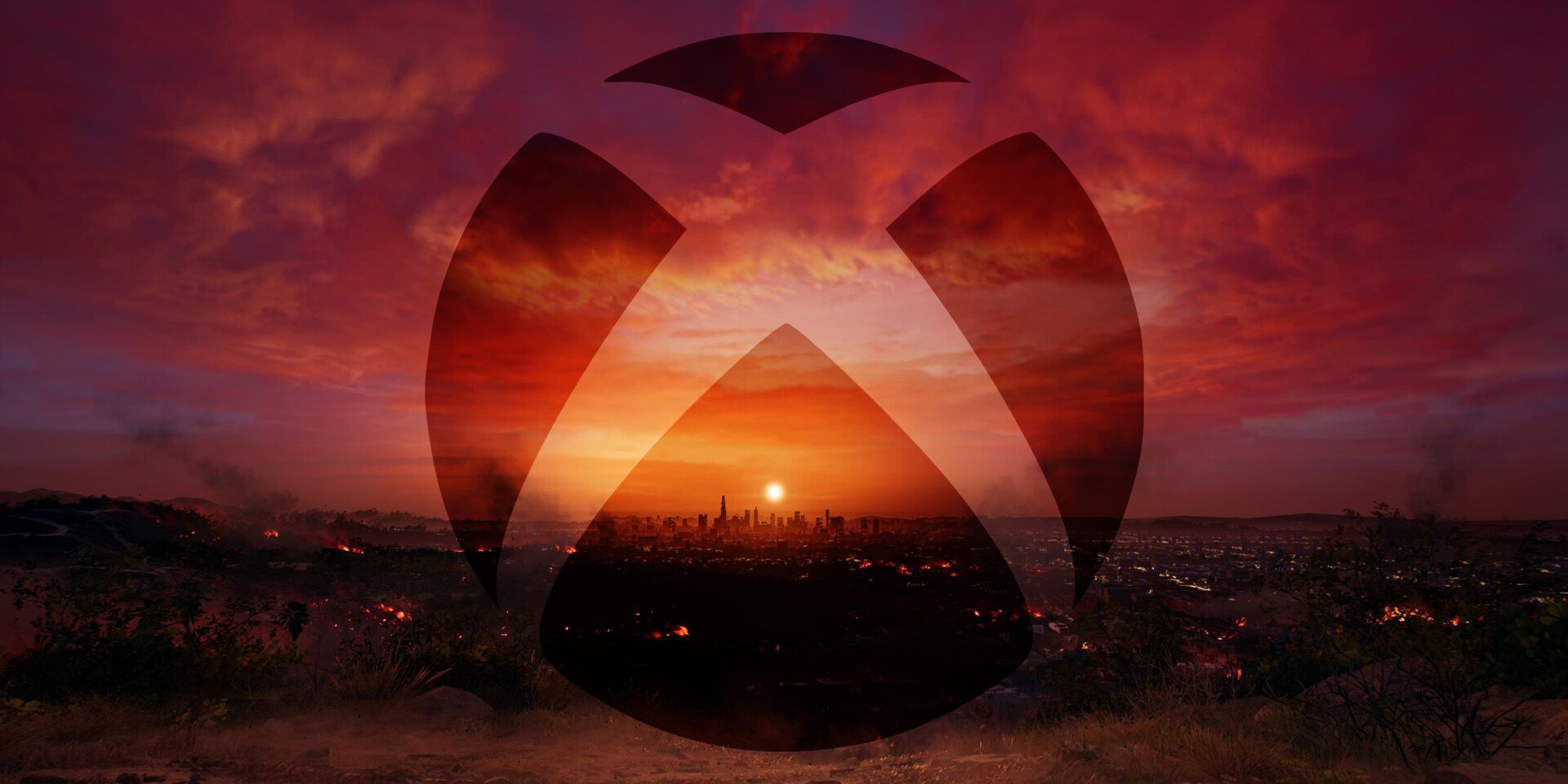 The Xbox logo superimposed over a Los Angeles sunset from Dead Island 2