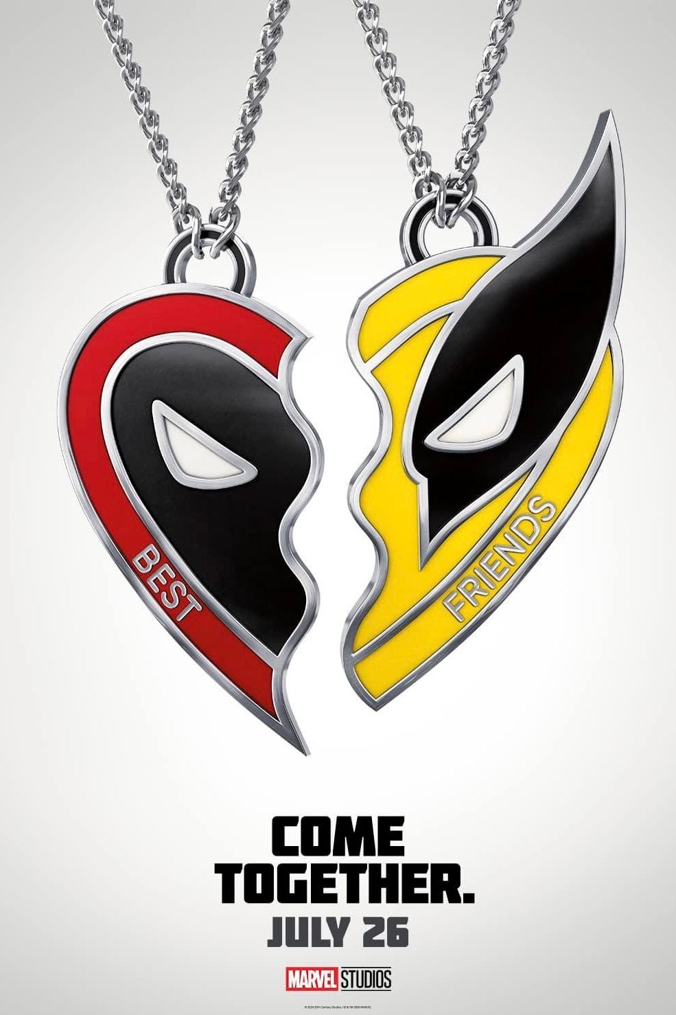 Deadpool 3 Poster Showing Two Halves of a Heart Necklace with Wolverine and Deadpool