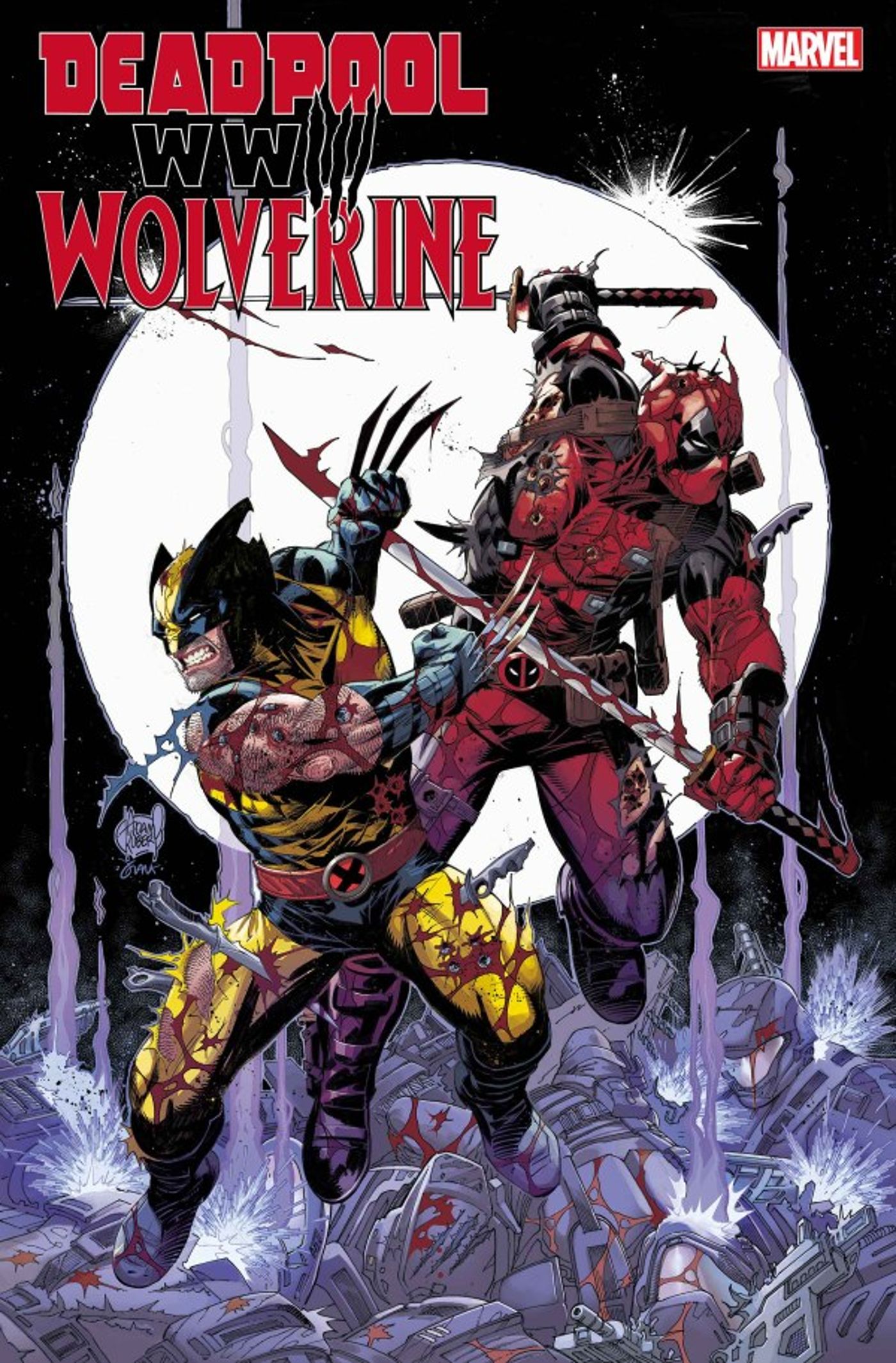Deadpool & Wolverine: WWIII #1 main cover, the duo slashing their way through a field of enemies