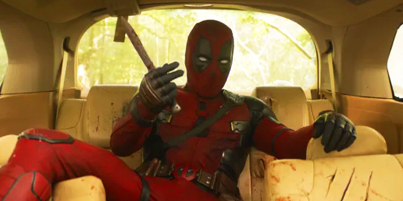 Deadpool in a torn up car in Deadpool & Wolverine trailer