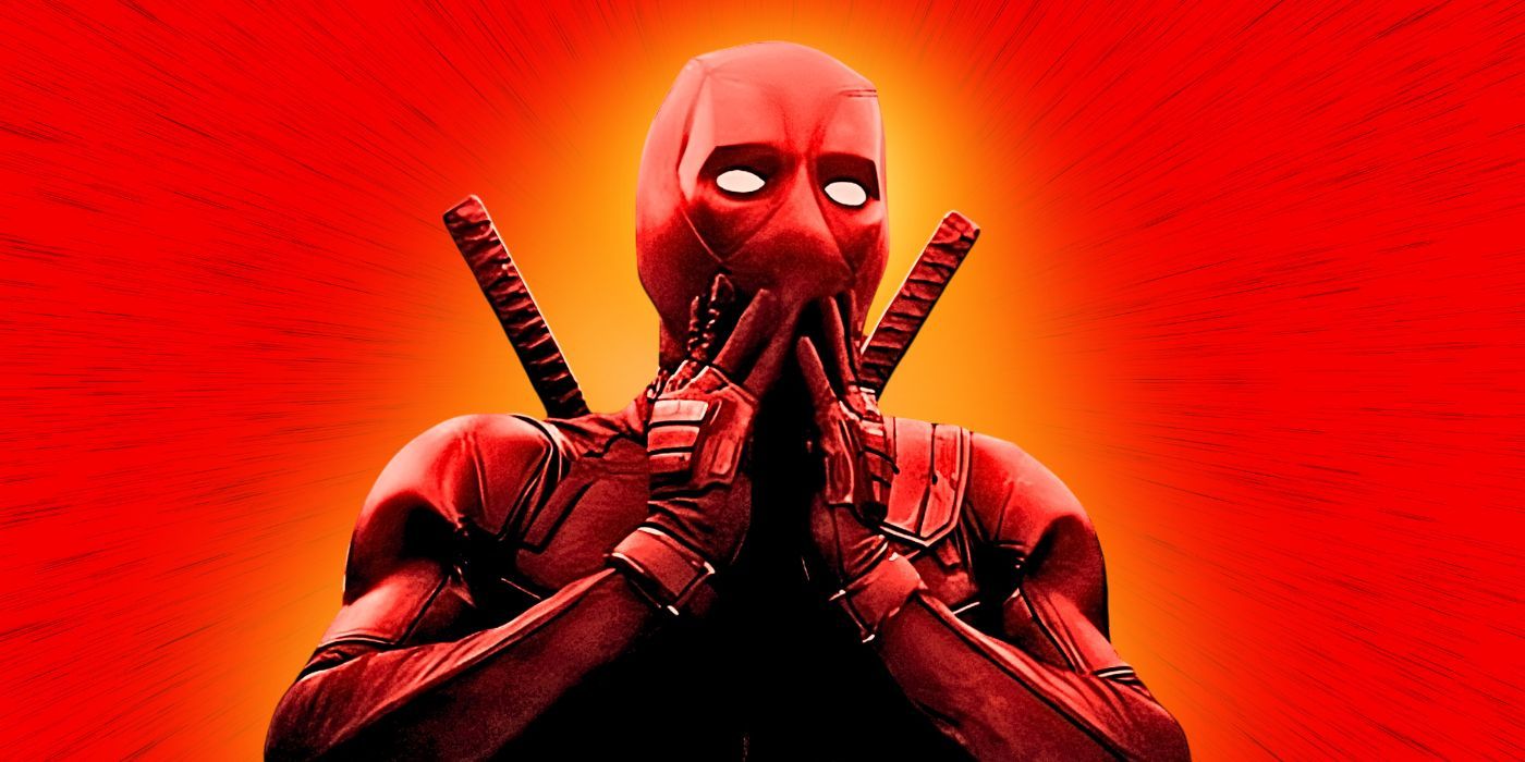 Deadpool holding his hands to his face looking shocked on a custom red background.