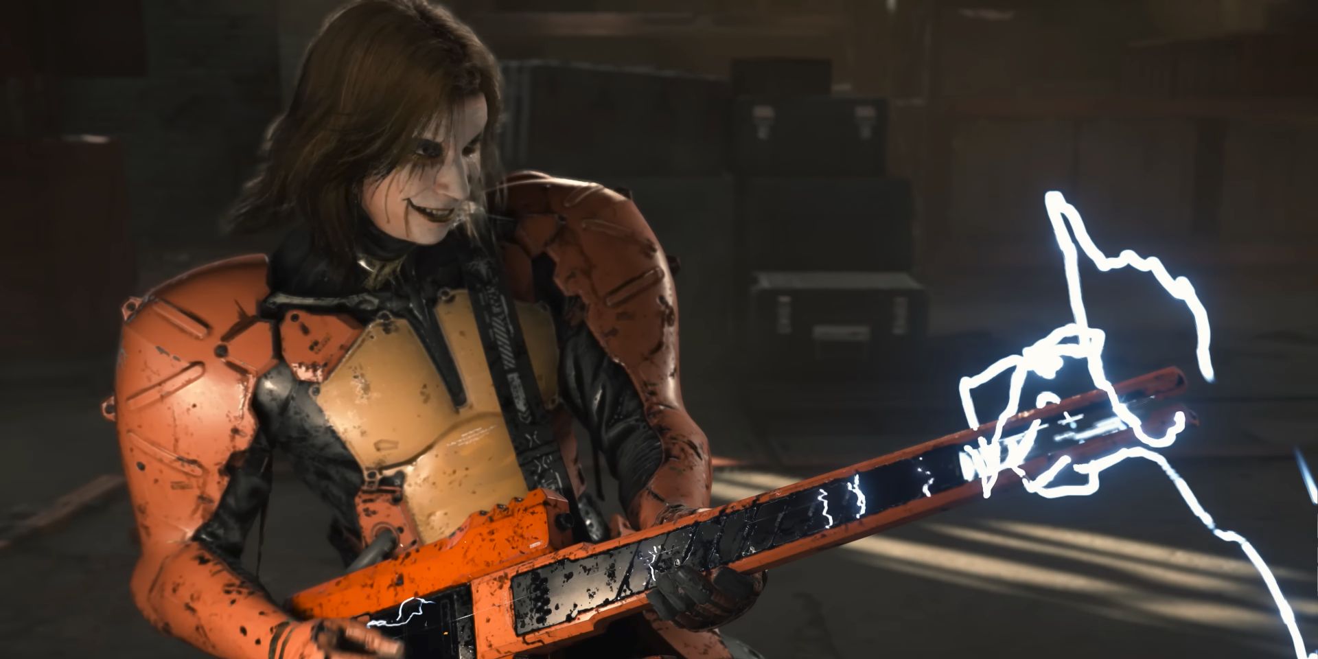 Higgs, com a maquiagem completa do Coringa, faz um solo de guitarra elétrica, com raios crepitando ao redor do braço, em uma captura de tela de Death Stranding 2.