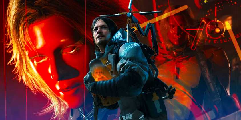 Sam and his BB against a background of Higgs' red mask in screenshots from Death Stranding and Death Stranding 2.